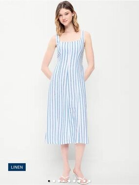 Blue and White Striped Linen Midi Dress